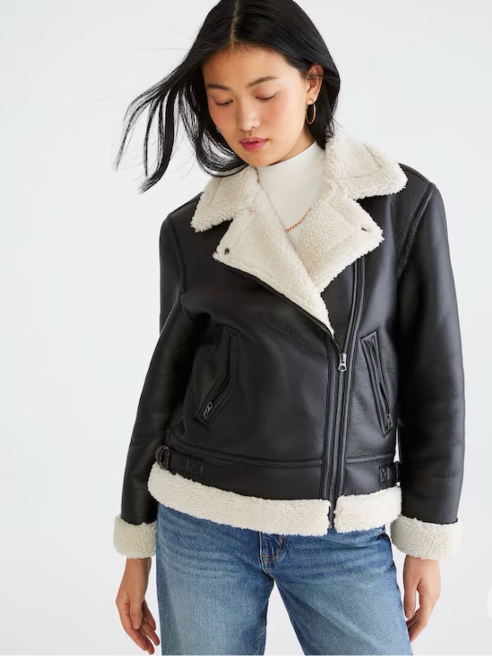 Aeropostale Black Faux-Leather Sherling Moto Jacket - Size XS